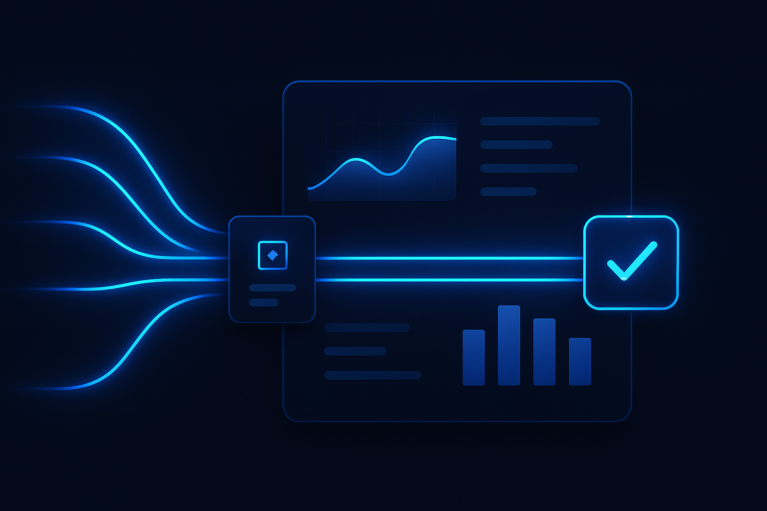 Abstract visual: enquiry signals stream into a disciplined queue that ends at booking confirmation.
